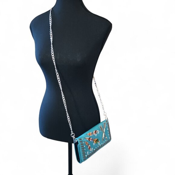 Turquoise Faux Leather Feather Arrow Convertible Wallet Clutch Crossbody - Picture 13 of 16
